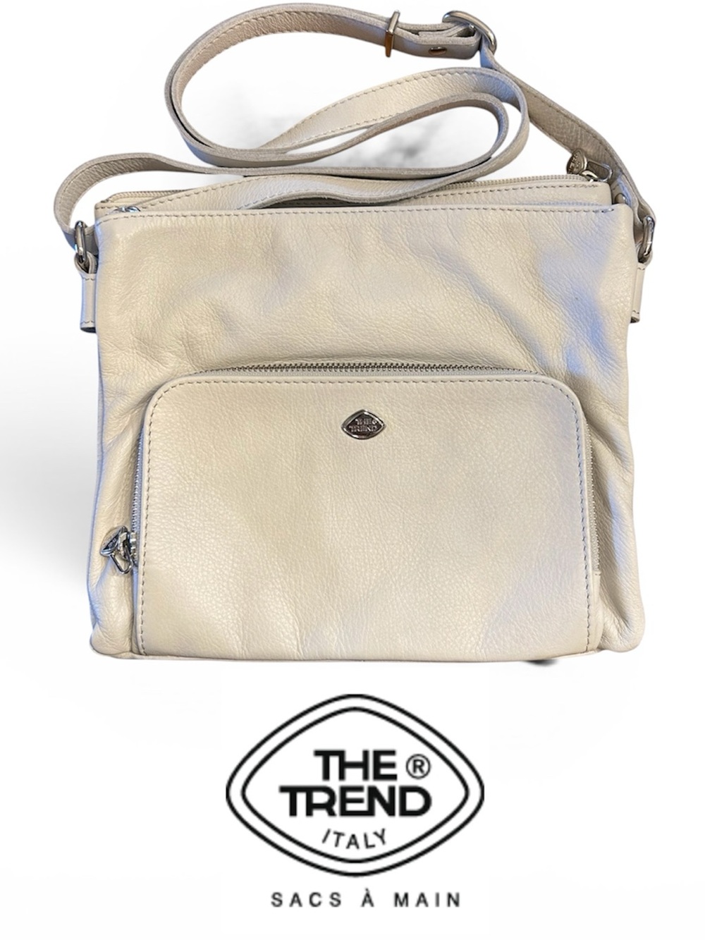 The Trend White Leather Crossbody Bag with Front Zip Pocket